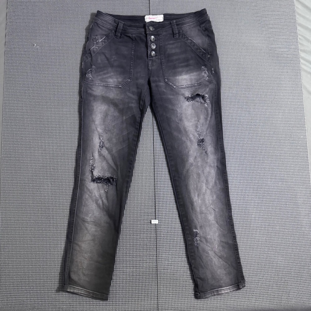 Free People Womens Distressed Button Fly Patch Pocket Jeans Black Size 2
